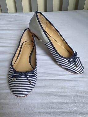 crown & ivy Navy / White Striped Ballet Flats with Metallic Heel Womens Size 6.5